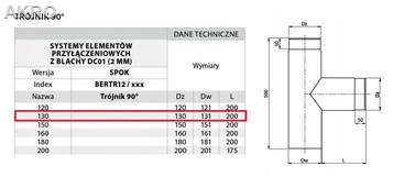 Trójnik fi130 90* "T" kominowy spalinowy stalowy