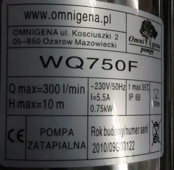 Pompa zatapialna do ścieków WQ750F pływakowa do wody brudnej