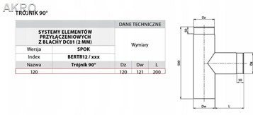 Trójnik 120 90° "T" kominowy spalinowy stalowy 120