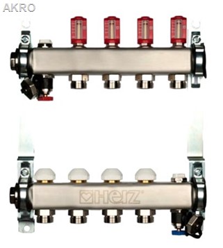 Rozdzielacz HERZ 4 obwody nierdzewka zawory przepływomierze rotametry