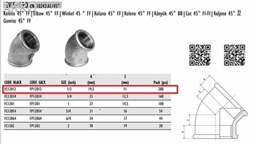 Kolano ŁUK 1/2" 45° w/w żeliwne czarne