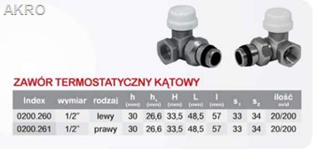 Zawór termostatyczny grzejnikowy kątowy 1/2" LEWY M30x1,5