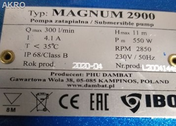 Pompa zatapialna MAGNUM 2900 230V IBO 300L/min